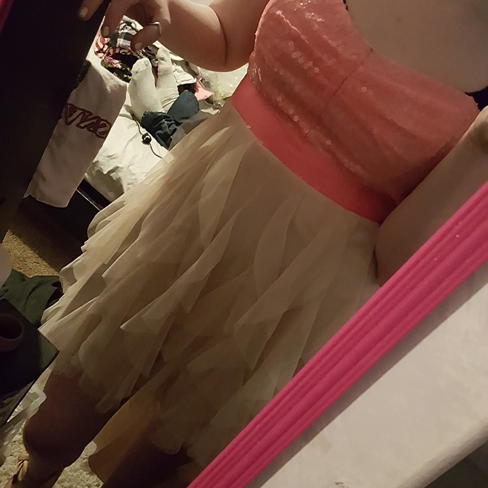 Teeze Me Pink Sequin Bodice with Cream Tulle Skirt Prom Dress